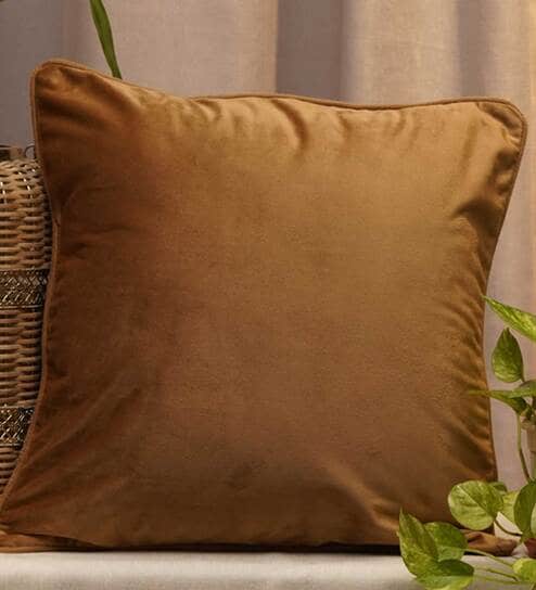 Golden Brown Solid Velvet 12 x 12 Inches Cushion Cover by Zeba