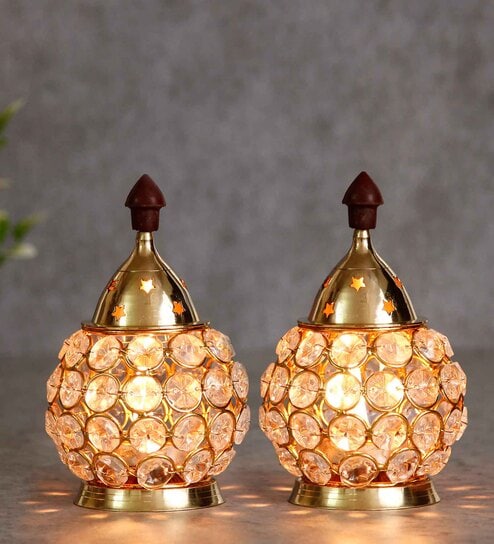 Golden Crystal And Brass Akhand Diya  Set of 2 By Ecraftindia