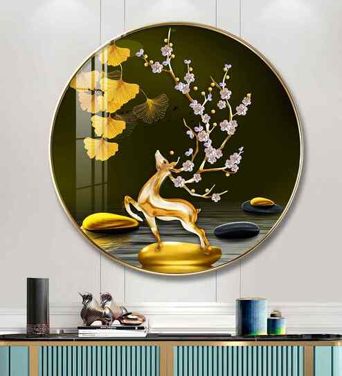 Golden Deer With Green Background Acrylic Round Wall Art
