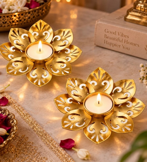 Golden Floral Metal Tealight Holders with Intricate Cutwork Design and Tealight Candle 2 Pcs