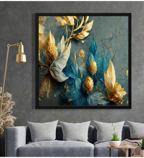 Golden Flower With Golden Leaf And Blue Leaf Modern Art Canvas Art Print