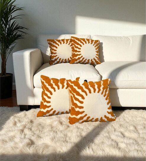 Yellow Cotton Embroidered 18x18 inches Cushion Covers Set of 4