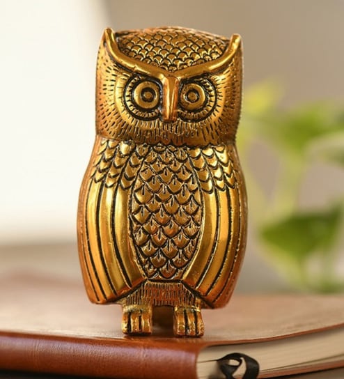 Golden Metal Standing Owl Figurine
