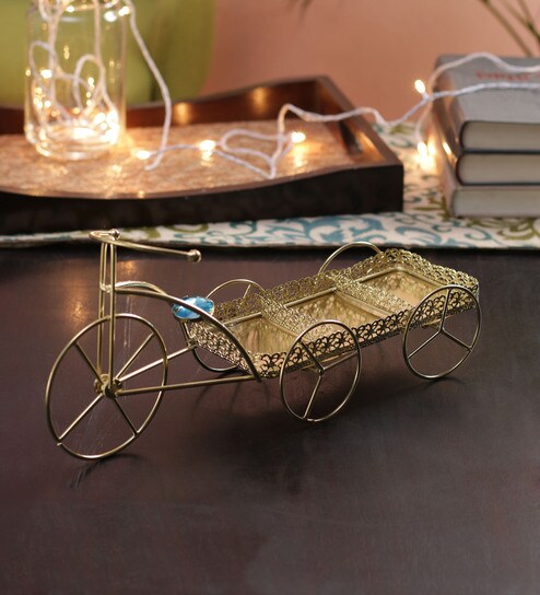 Buy Golden Metal Decorative Serving Tray Curio By Ethnic Karigari