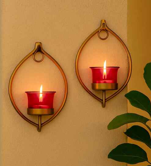 Golden Metal Larisso Decorative Drop Wall Candle Holder With Glass And Free T-Light Candles - Set Of 2