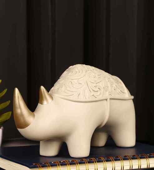 White & Golden Rhino Resin Artifact