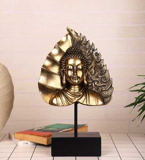 Golden Serenity Buddha On Ficus Leaf Resin & Metal Sculpture