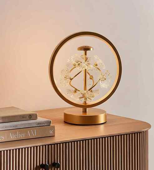 Golden Table Lamp  Crystal Circular Frame With Geometric Shape  Matelic Base