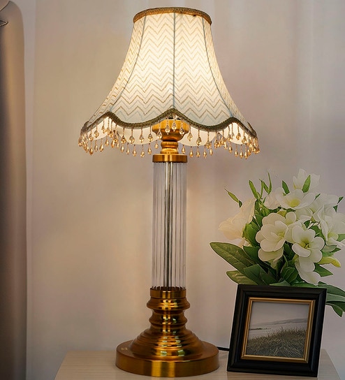 Golden Table Lamp with Fluted Glass Pillar and Scalloped Zigzag Shade