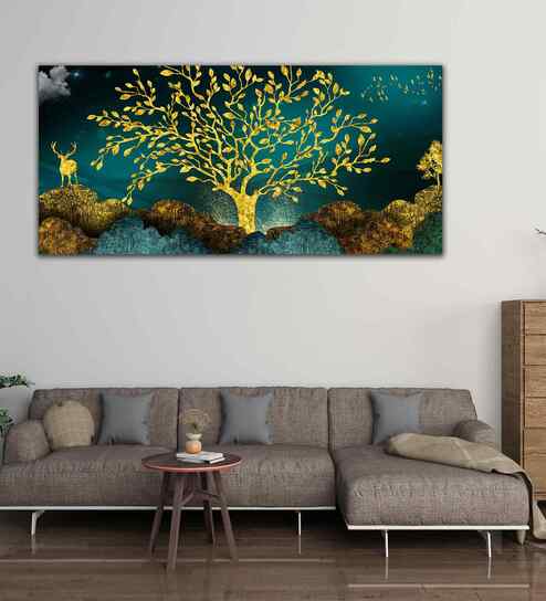 Golden Trees And Deer With Hills Premium Canvas Print Wall Painting