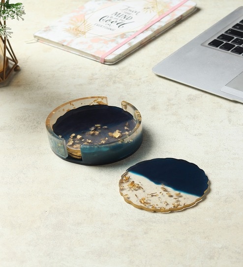 de maison decor Set Of 4 Dark Blue Resin Golden Waves Coaster-picture-25