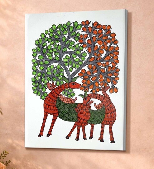 Gond Deer Tree Stretched Canvas Painting