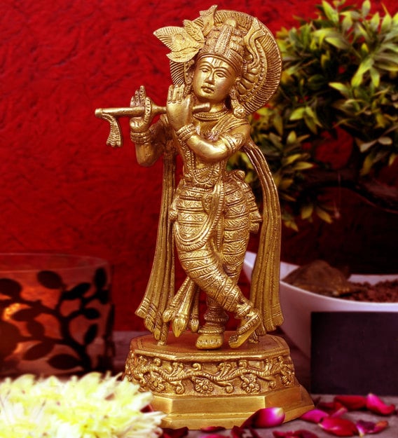 Buy Gold Brass Lord Krishna With Flute Idol By Statue Studio Online Krishna Religious Idols Home Decor Pepperfry Product