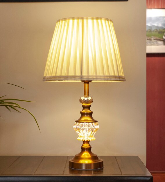 Buy White Fabric Shade Table Lamp with Gold Base by Kapoor E
