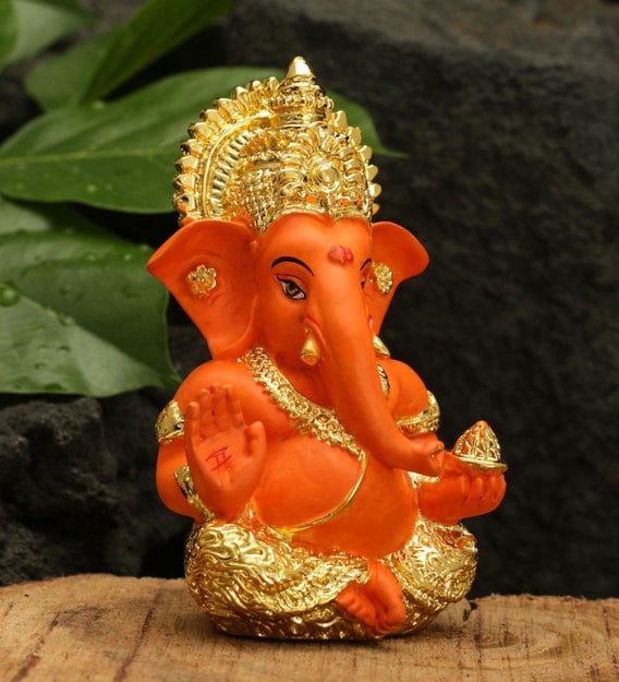 Buy Gold Plated Red Terracotta Ganesha Idol by CraftVatika Online ...