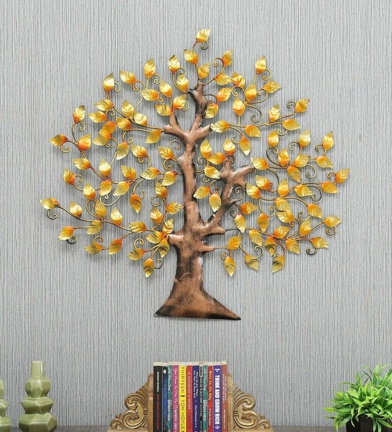 Buy Wrought Iron Floral Tree In Golden Wall Art By B K Exports Online ...