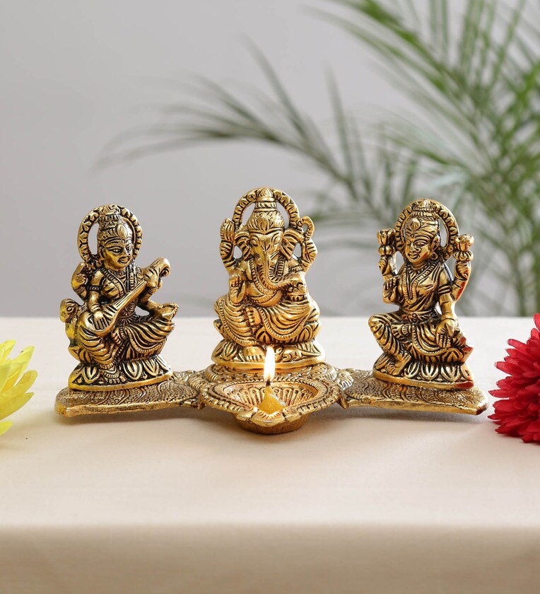 Buy Gold Metal Lakshmi Ganesh Saraswati With Diya By Handicrafts ...