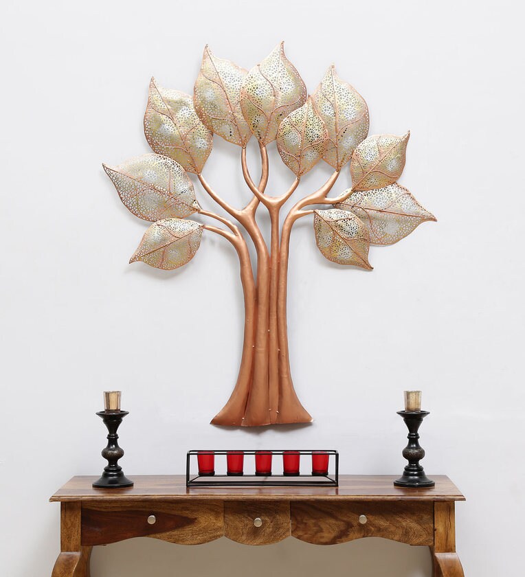 Buy Wrought Iron Decorative Tree Wall Art With LED In Gold By Malik
