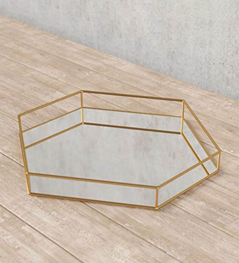Buy Gold & Metal and Glass Hexagonal Vanity Tray by LamJum Online