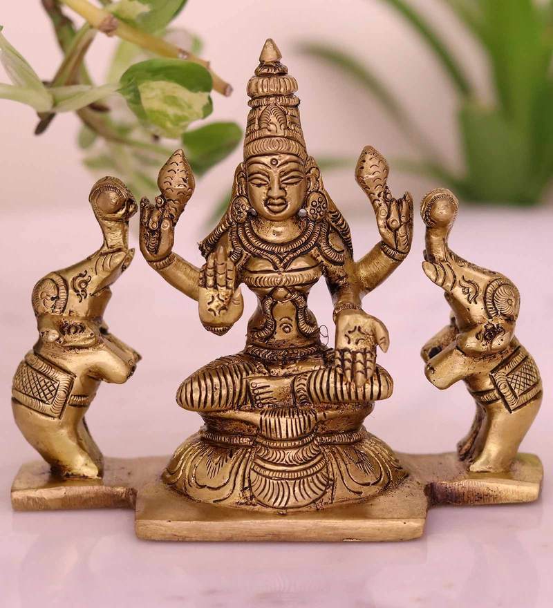 Buy Gold Brass Goddess Lakshmi Maa With Elephants Gajlaxmi Seated On A ...