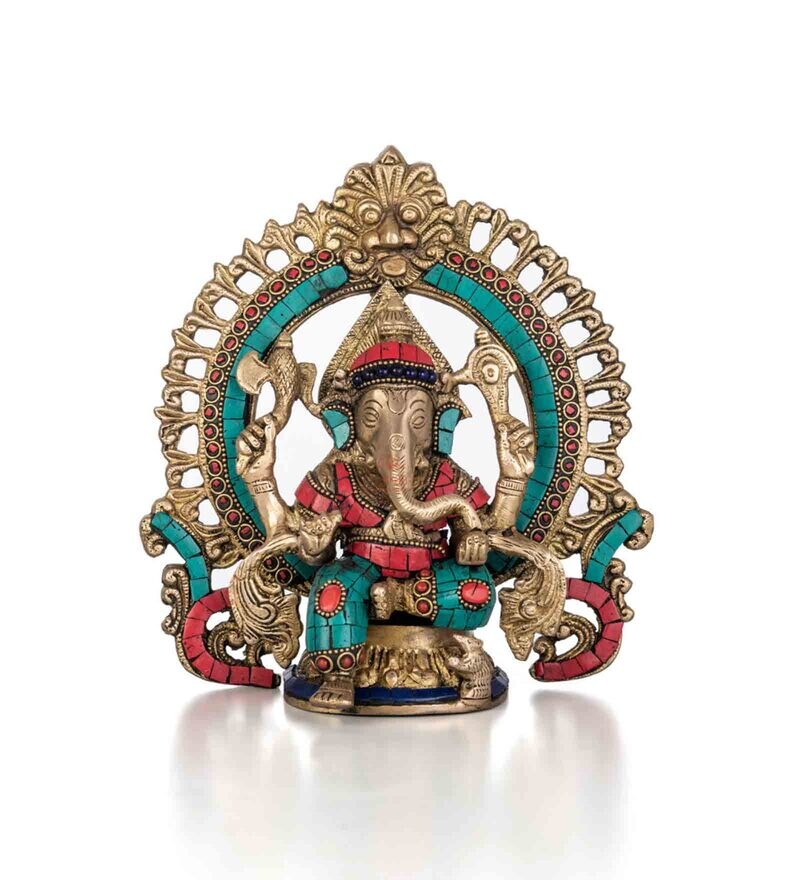 Buy Gold Brass Lord Ganesha Statue with Stonework Ganpati Idol for Temple by Ekaa Online