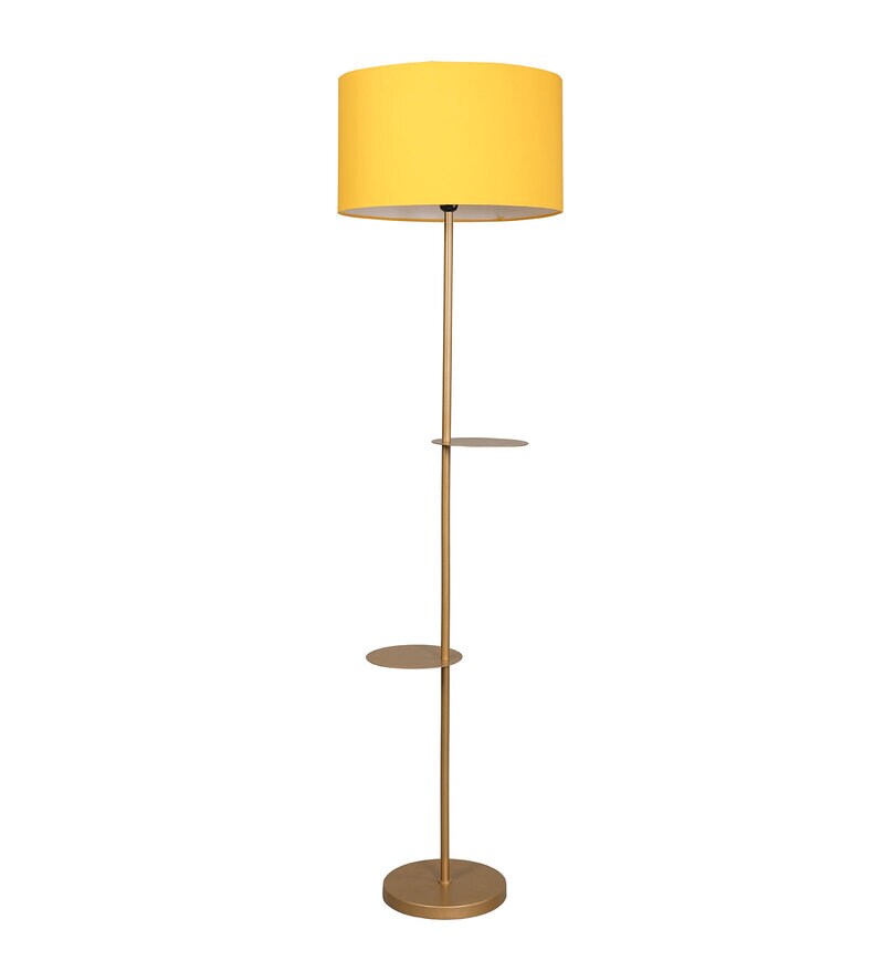 Buy Gold Color Metal Lamp With Double Shelf In Yellow Round Shade By