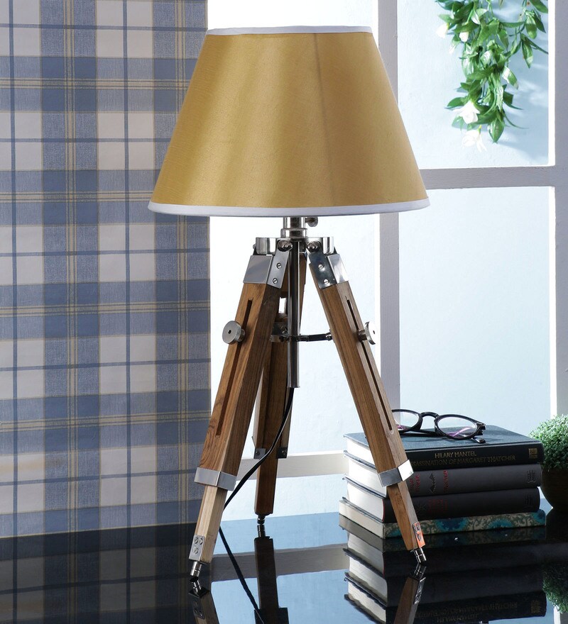 Buy Gold Fabric Shade Tripod Table Lamp with Brown Base by Beverly