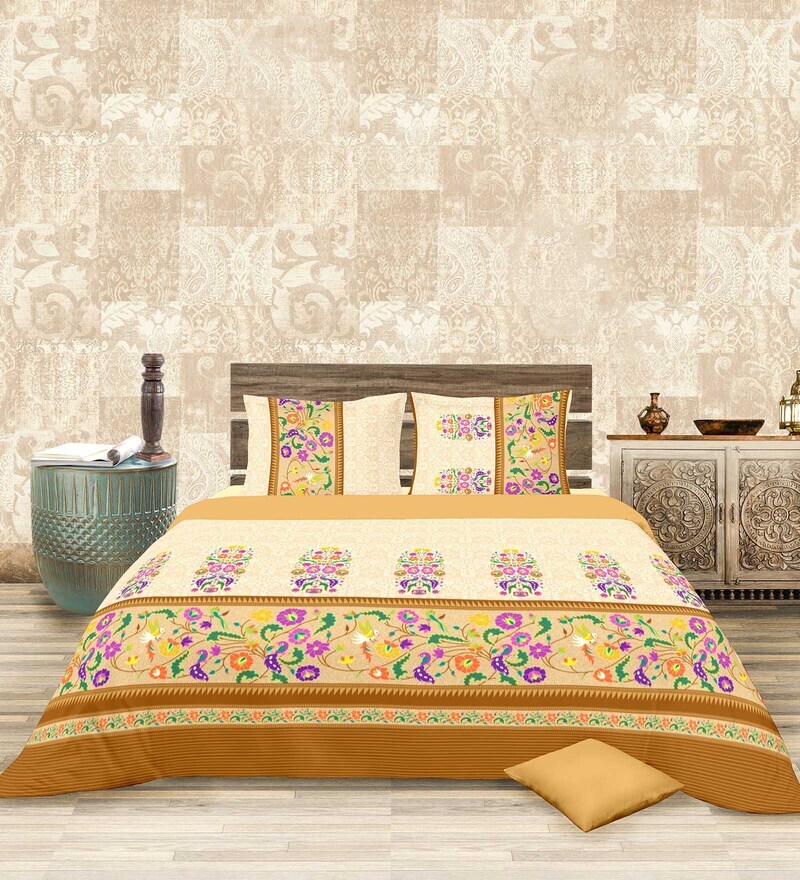 Buy Cream Floral 200 TC Cotton 1 Double King Size Bedsheet with 2