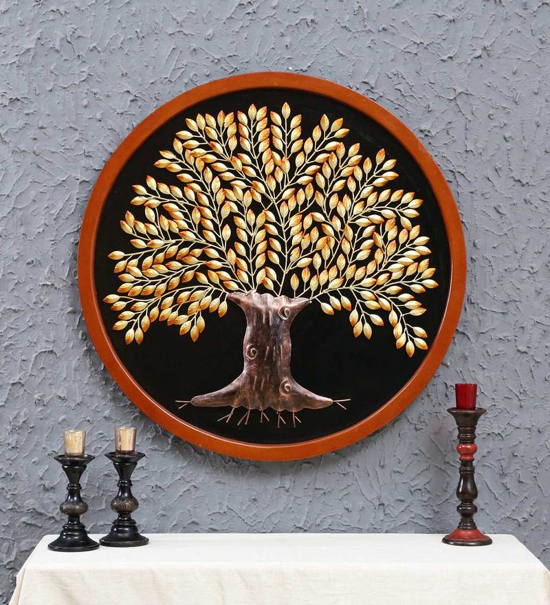 Buy Gold Metal And Wood Panel Tree Round Frame Wall Art by Malik Design Online Floral Metal
