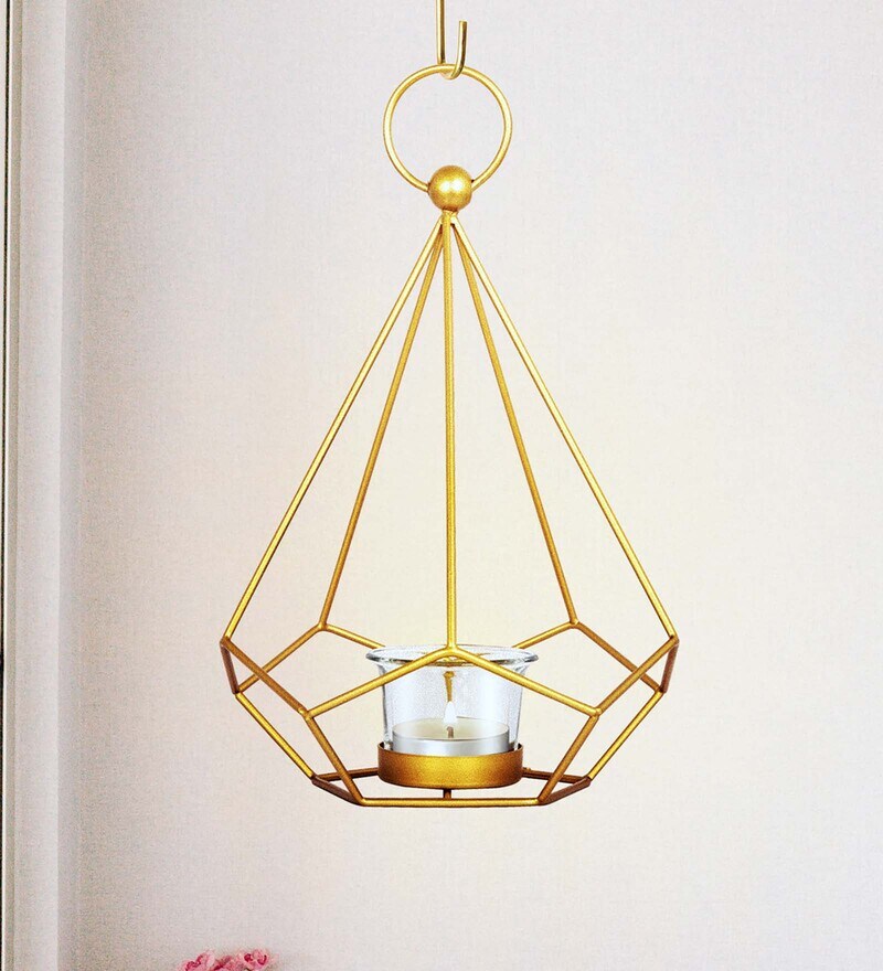 Buy Gold Metal Hexagon Hanging Tea Light Holder By House Of Sajja