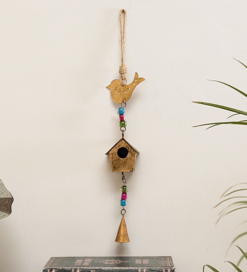 Buy Gold Metal Home With Bird Hanging Bell by Craft Tree. Online