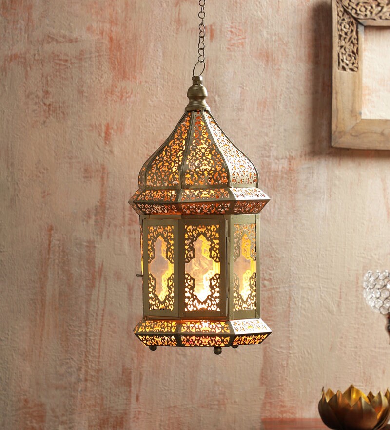 Buy Gold Metal Morrocon Tealight Hanging Lantern by Dhatvi Online