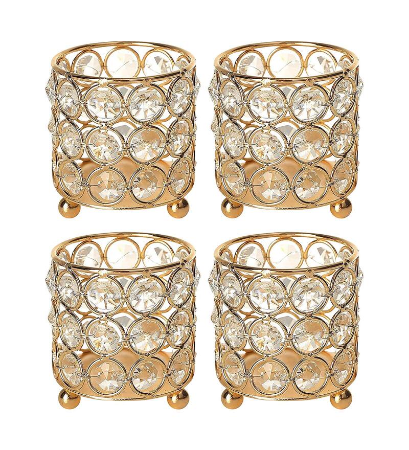 Buy Gold Metal Set Of 4 Crystal Tealight Candle Holders By Tied Ribbons