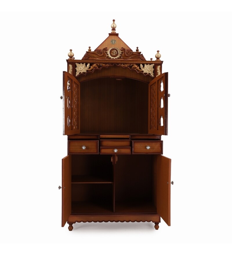 Buy Teak Wood Brown Gold Large Mandir With Storage By Dzyn Furnitures Online Mandirs 8159