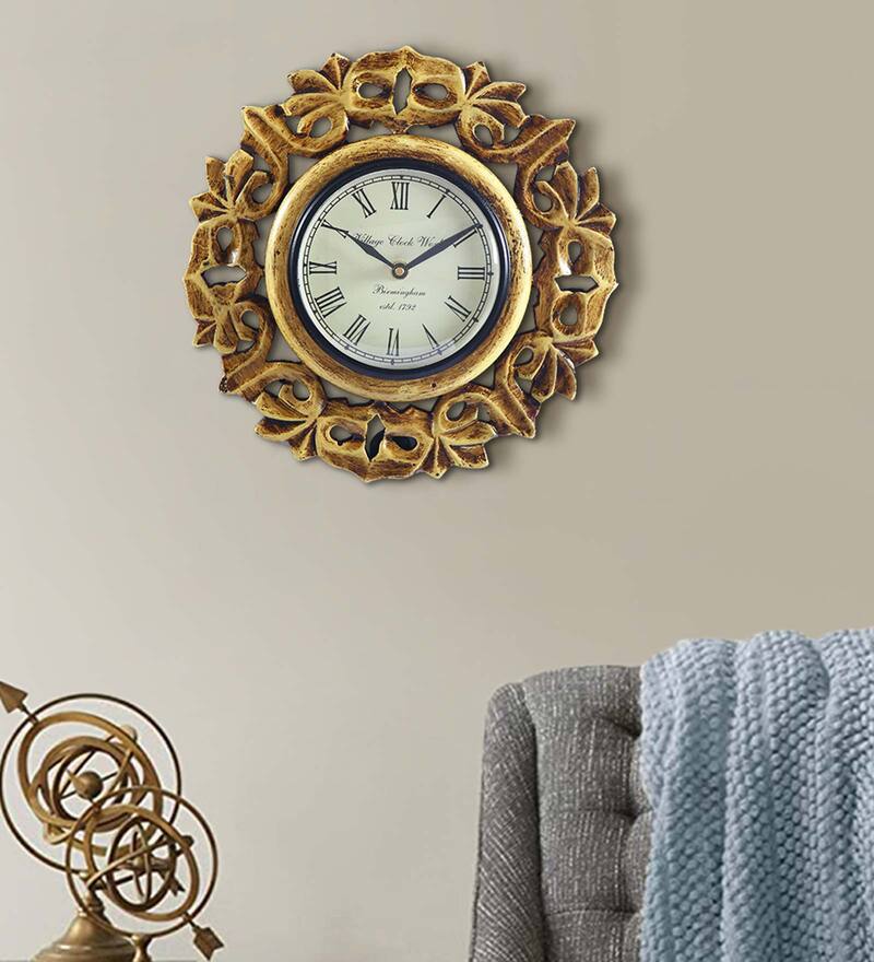 Buy Golden MDF Wall Clock by Aapno Rajasthan Online Modern Wall