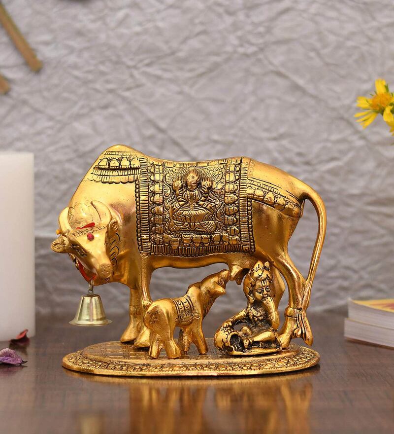 Buy Golden Metal 7 Inches Kamdhenu Cow With Calf Idol By Craftvatika ...