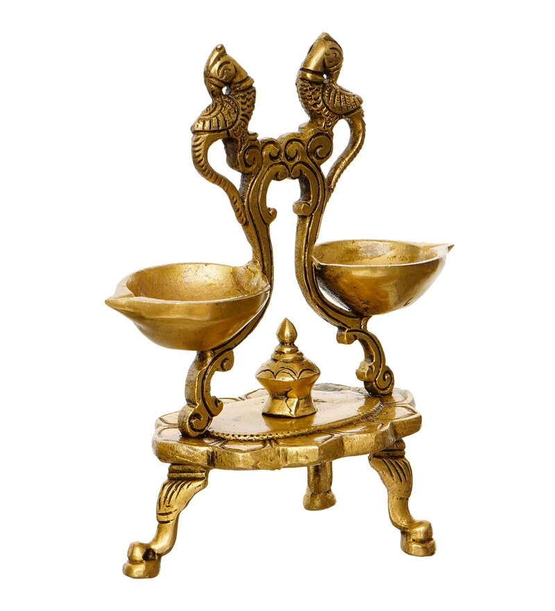 Buy Golden Parrot Design Antique Finish Decorative Handcrafted Brass Diya With Stand By