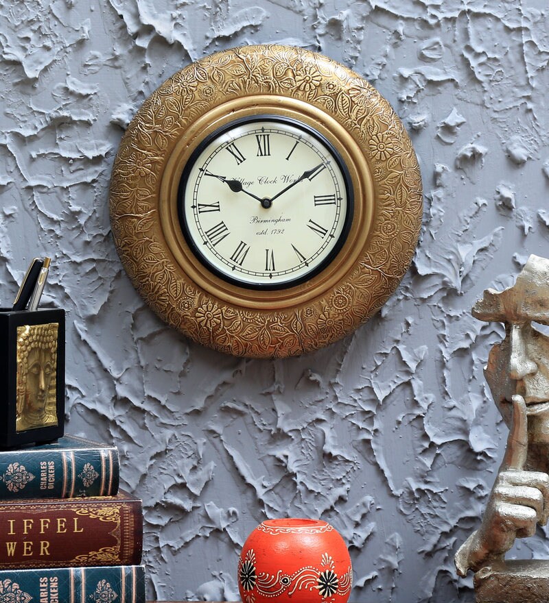 Buy Gold Solid Wood Analog Wall Clock by D'Dass Online Traditional