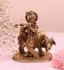 Gold Brass Krishna Playing Bansuri With Cow Idol