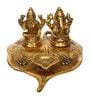 Gold Metal Laxmi Ganesha With Diya On Leaf
