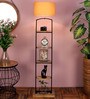 Double Gold Cotton Shade Shelf Floor Lamp With Mango wood Base