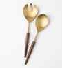 Gold Stainless Steel Serving Spoons With Wooden Handles Set Of 2