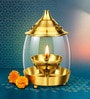 Golden Brass Akhand Diya with Curved Glass Globe and Dome Lid