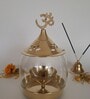 Golden Brass Akhand Diya with Om Lid and Curved Glass Cover