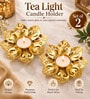 Golden Floral Metal Tealight Holders with Intricate Cutwork Design and Tealight Candle 2 Pcs