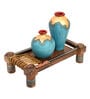 Golden Glaze (Set Of 3) Brown & Blue Terracotta & Wood Table Vase With Charpai Stand