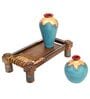 Golden Glaze (Set Of 3) Brown & Blue Terracotta & Wood Table Vase With Charpai Stand