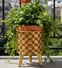 Golden Metal And Wood Round Bloom Planter
