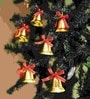 Golden Plastic Christmas Jingle Bells With Red Ribbon