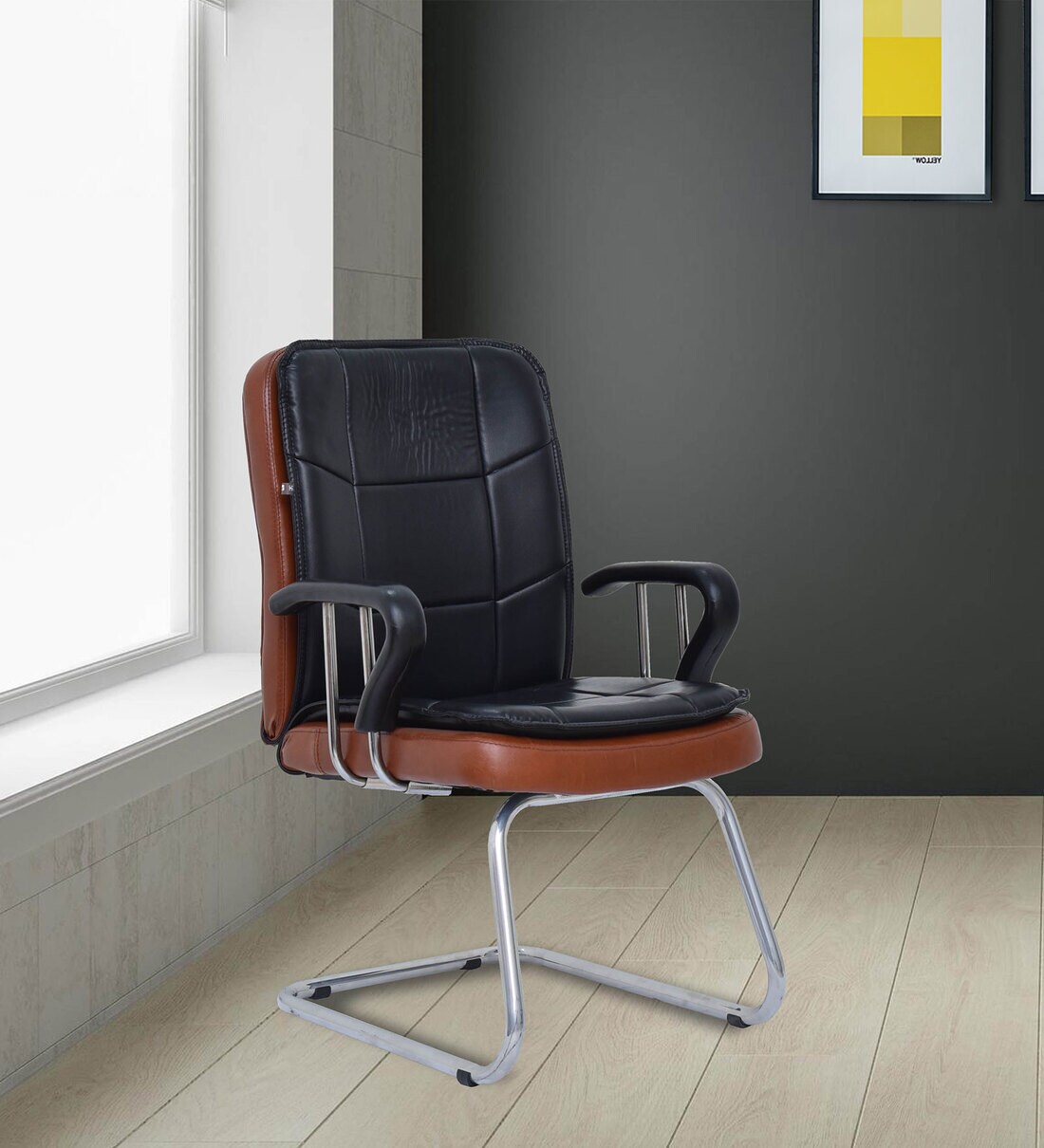 Buy GpnV Cantilever Leatherette Chair In Black & Camel Colour By Hr